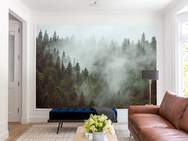 Non-Woven Nature Print Wall Mural for Office, Living Room, "Forest in Mist" Wall Art