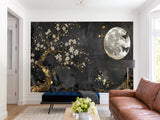 Non-Woven Mural Art Accent Wall For Bedroom, Lounge Area "Golden Plum Tree In Moonlit Night – Mural Background"