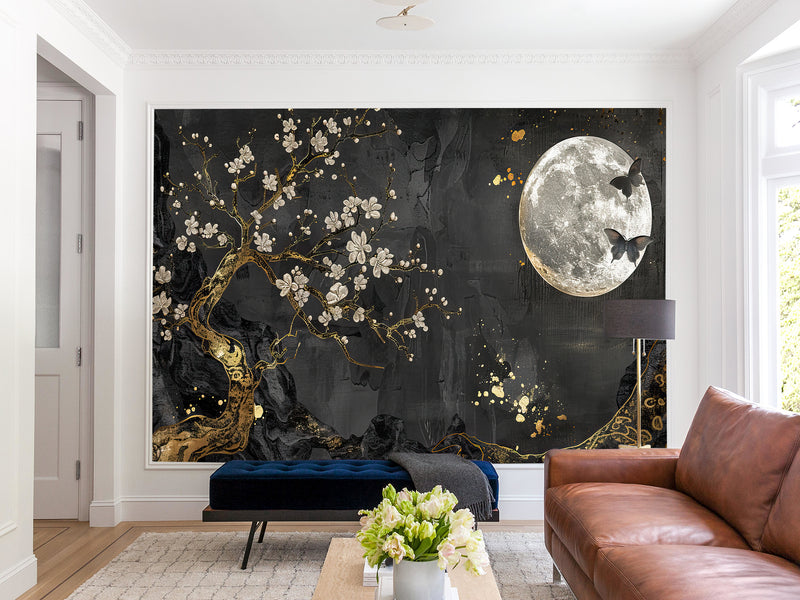 Non-Woven Mural Art Accent Wall For Bedroom, Lounge Area "Golden Plum Tree In Moonlit Night – Mural Background"