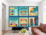 Non-Woven Photo Wallpaper Stylish Retro Car Collage for Office, Living Room, or Gym