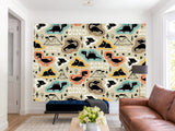 Dino Print Vinyl Peel and Stick Mural For Teen Room, Statement Wall In Office Or Workout Zone "Various Dinosaurs"