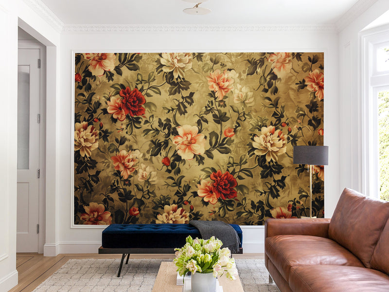 Non-Wowen Mural Full Wall Vintage Floral Composition Print – Classic Flower Arrangement Wall Art For Living Room Or Home Office