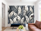 High-Quality Nature Print Self-Adhesive Wallpaper – Wall Print Mural for Bedroom, "Silver Leaves: A Play of Light and Shadow"