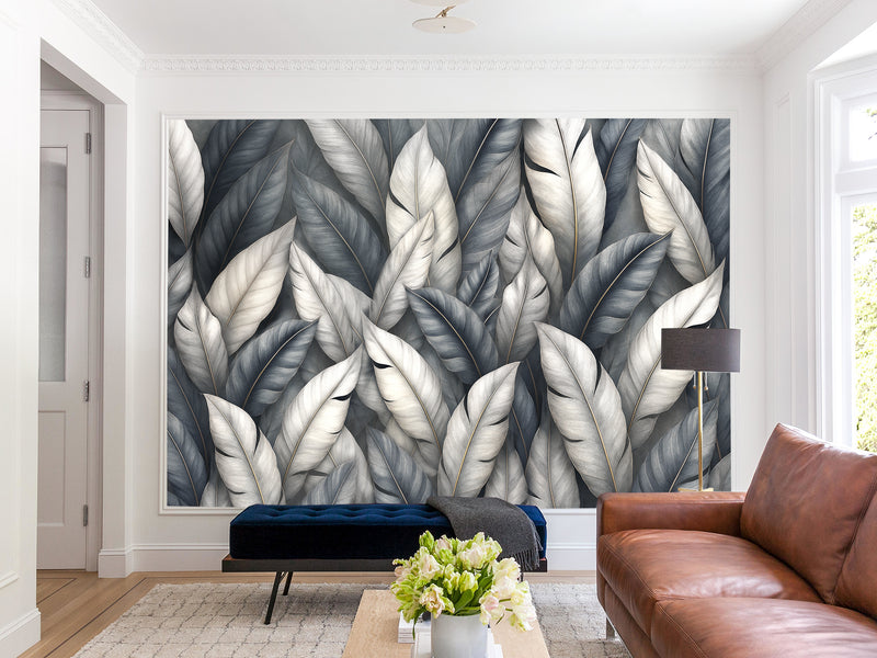 High-Quality Nature Print Self-Adhesive Wallpaper – Wall Print Mural for Bedroom, "Silver Leaves: A Play of Light and Shadow"