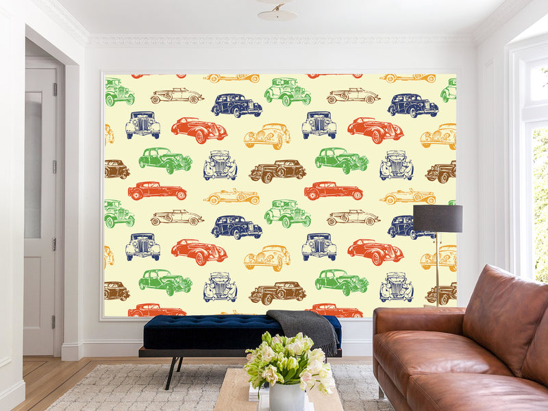 Self-Adhesive Full Wall Wallpaper – Colorful Retro Cars Print for Bedroom or Office