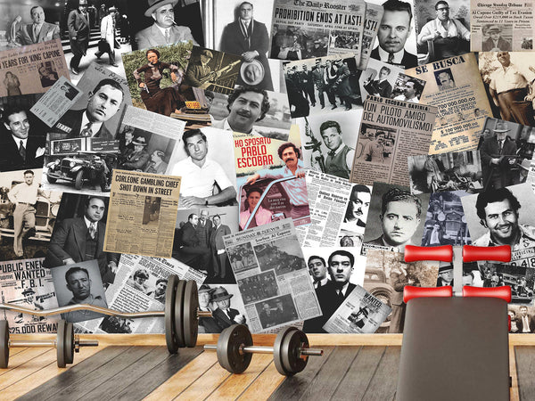 Traditional Mural Wallpaper for Gym, Office, or Lounge – "Gangster Poster Collage", Vintage Wallpaper Featuring Crime Bosses