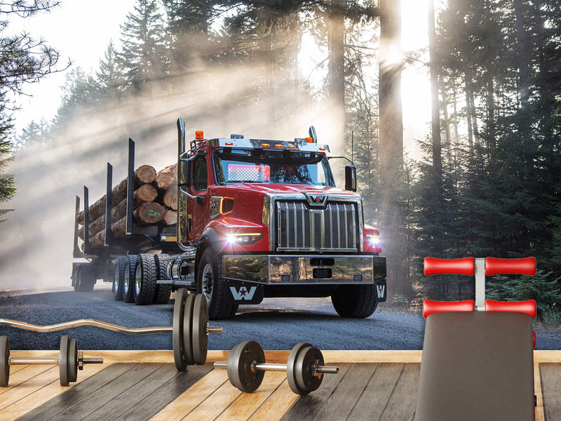 Self-Adhesive Vinyl Wall Mural – Massive Red Truck on the Road for Living Room, Gym, or Game Room Decor