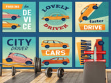 Non-Woven Photo Wallpaper Stylish Retro Car Collage for Office, Living Room, or Gym