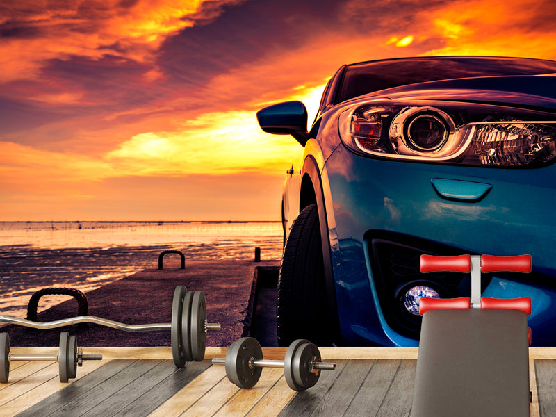 Non-Woven Photo Wallpaper Design For Gym, Living Room, Lounge Area "SUV On The Pier Lit By Sunset"
