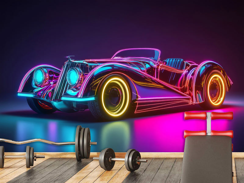 Self-Adhesive Wall Mural for Home Interior Peel and Stick Wallpaper Retro Car in Neon Lights Prant for Bedroom or Gym