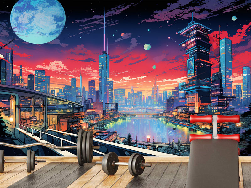 High-Quality Full-Wall Vinyl Wallpaper Peel and Stick for Office or Gym – "Cityscape Inspired by Anime", Modern Design Mural