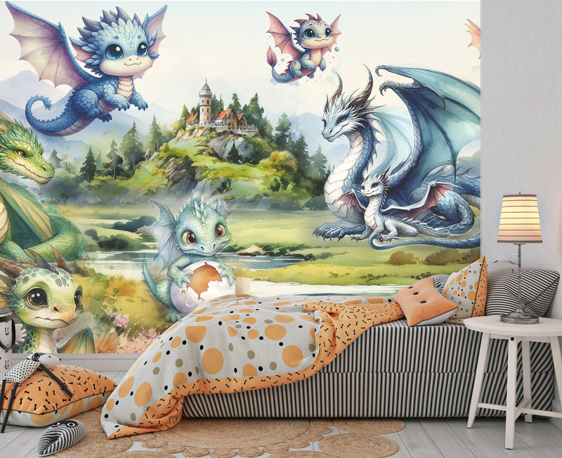 Self-Adhesive Full Wall Wallpaper For Kids Room, For Kindergarten "Dragon Family" Fairytale Print