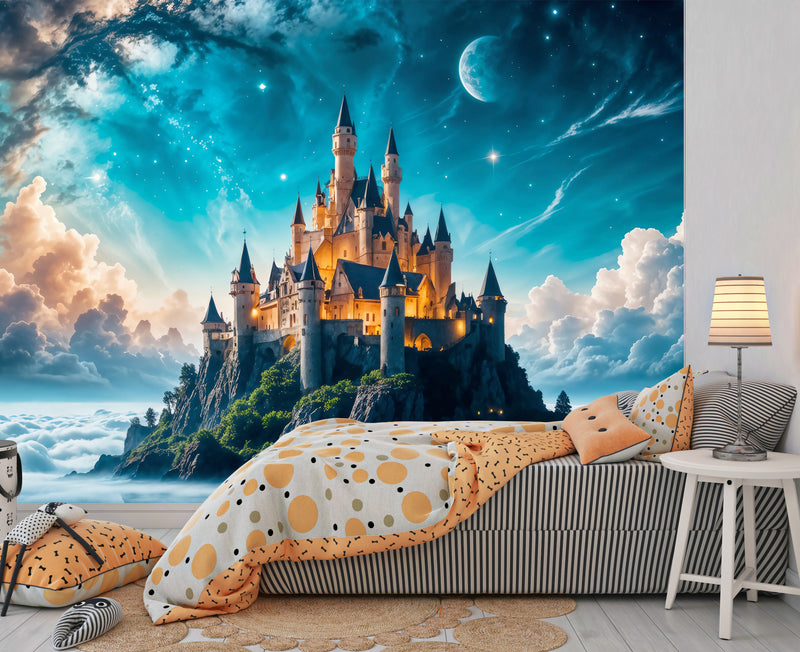 High-Quality Non-Woven Photo Wallpaper, "Heavenly Fairytale: Castle In The Clouds" Full Wall Print For Kids' Room