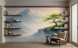 Serene Mountain Mist and Lone Tree Wall Mural - Non-Woven Wallpaper
