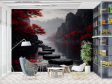 Moody Japanese Zen Garden Wall Mural - Dark Mist Mountains Peel and Stick Wallpaper