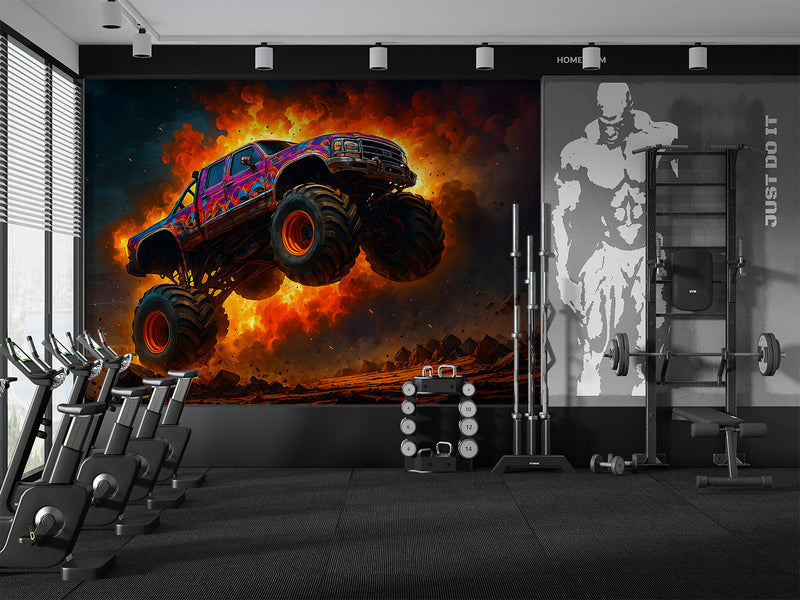 Car Print Peel and Stick Wall Mural for Full Wall in Hall, Office, Living Room "Monster Truck: Flame of Danger" 🔥🚙