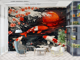 Japanese Koi Fish Wall Mural - Zen Red Sun & Cherry Blossom Ink Art Peel and Stick Wallpaper