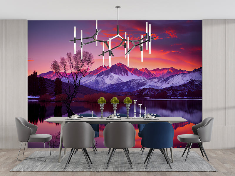 Bedroom and Living Room Wallpapers – Natural Print, Traditional Wall Murals for Accent Wall "Magnetic Mountains in Sunset Rays", Bold Design 🌄