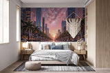Sunset Cityscape Wall Mural Non-Woven Wallpaper Dreamy Pink Galaxy Urban Print