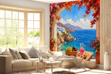 Impressionist Santorini Sea View Wall Mural - Mediterranean Terrace Oil Painting Non-Woven Wallpaper