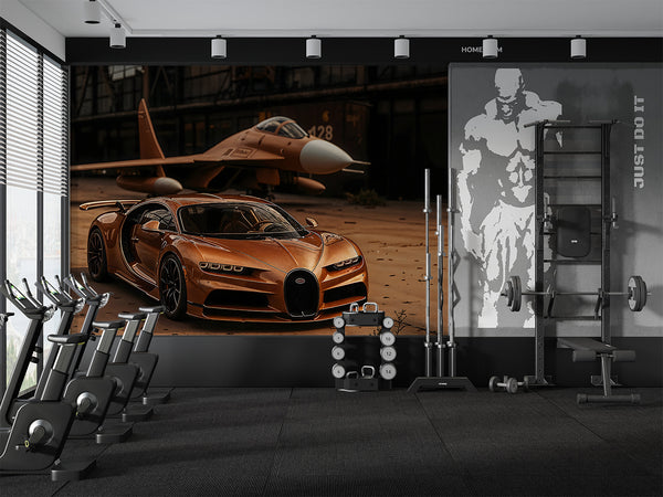 Car in bronze color Self-adhesive wall mural for workshop, office, study, or hall stylish wall mural "Sports car and fighter jet in a unified color scheme" ✈️🚗