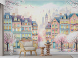 Whimsical Spring Town Wall Mural – Colorful Fantasy Houses Peel and Stick Wallpaper
