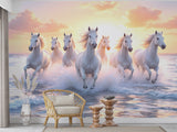 White Horses Running on the Ocean at Sunset – Non-Woven Wall Mural, Majestic Coastal Horse Wallpaper