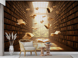 Floating Books Library Wall Mural for Office – Non-Woven Wallpaper for Workspace