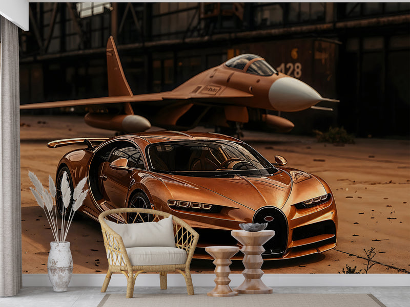 Car in bronze color Self-adhesive wall mural for workshop, office, study, or hall stylish wall mural "Sports car and fighter jet in a unified color scheme" ✈️🚗