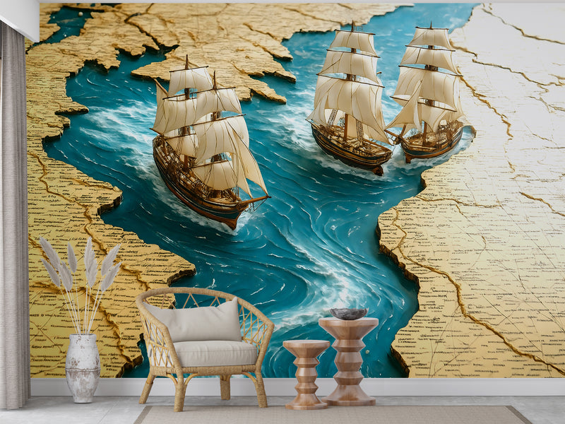 Wall Print 3D Self-Adhesive Wallpaper Perfect for Living Room, Office, Bedroom Design "Sea Journey Through the Map" 🌊🗺️