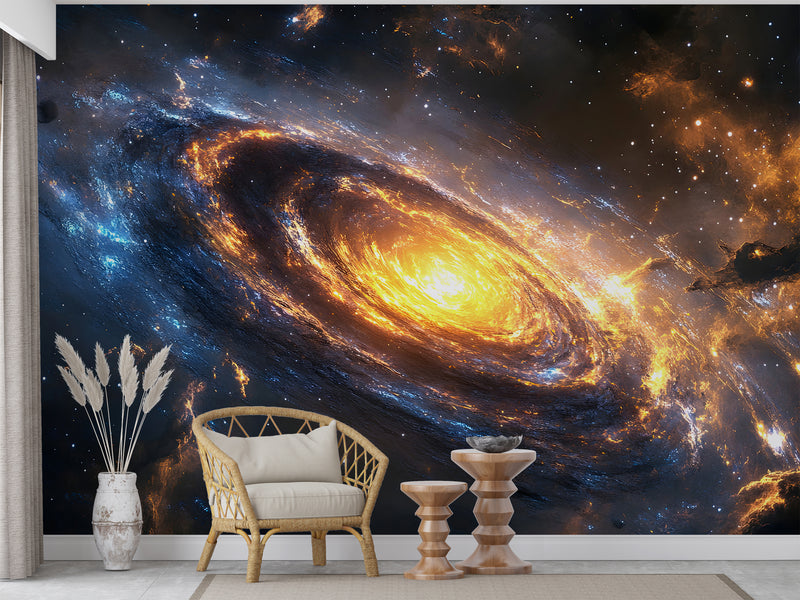 Art Design For Space Self-Adhesive Full Wall Wallpaper Print For Living Room And Bedroom "Spiral Galaxy In Fiery Glow" Design For Lovers Of The Mysterious Universe 🌌