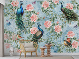 Peel and Stick Wall Mural Peacocks in Flowers for Bedroom