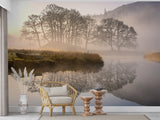 Nature Lake Wallpaper Boat Near Foggy Lake Vinyl Wallpaper Peel and Stick For Living Room, Bedroom, Relaxation Area