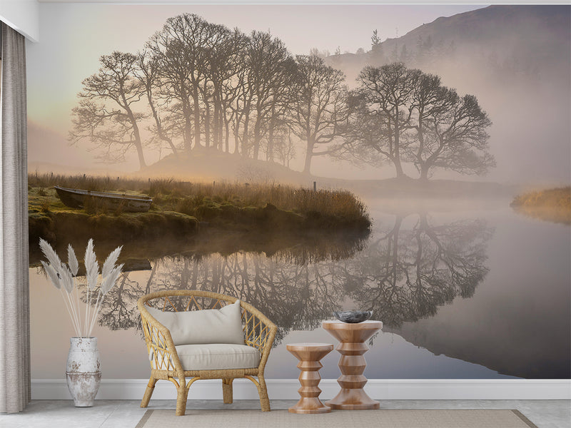Nature Lake Wallpaper Boat Near Foggy Lake Vinyl Wallpaper Peel and Stick For Living Room, Bedroom, Relaxation Area