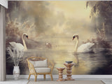 Vintage Wall Mural Romantic Motif Self-Adhesive Full Wall Wallpaper Art Print Swan Couple Print for Bedroom Living Room Design Pastel Colors for Relaxation Area Artistic Style 🕊️