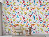 Colorful Tropical Parrot Pattern Desing Peel and Stick Wall Mural for Living room – Watercolor Style Print in Red, Blue, Yellow & Green