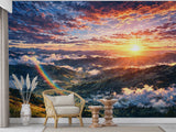 Non-Woven Wallpaper Panoramic Mountain Sunset Wall Art with Rainbow for Bedroom