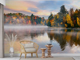 Bright Print Wall Mural For Entire Wall Accent Wall Self-Adhesive Wallpaper For Living Room Autumn Lake Art For Bedroom Fog Over The Lake Poster For Relaxation Area