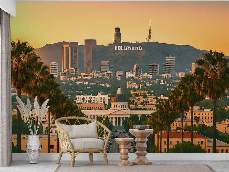 Peel and Stick Mural Living room print Wall art Bedroom design Wallpaper with a Hollywood and palm panorama for stylish, sunny wall decor