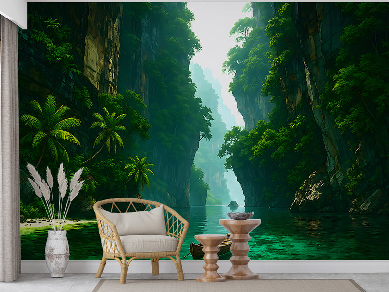 Art Wallpaper For The Whole Wall, Peel and Stick Wall Mural For Office, Print For Living Room, Poster For Bedroom "Mysterious Tropical Passage" 🌿