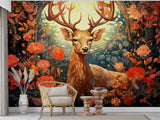 Autumn Forest Deer Wall Mural – Traditional Floral Woodland Wallpaper for Living Room & Bedroom