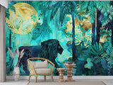 Traditional Jungle Wallpaper with Lion – Emerald Green Botanical Wall Mural with Gold Accents for Living Room & Bedroom