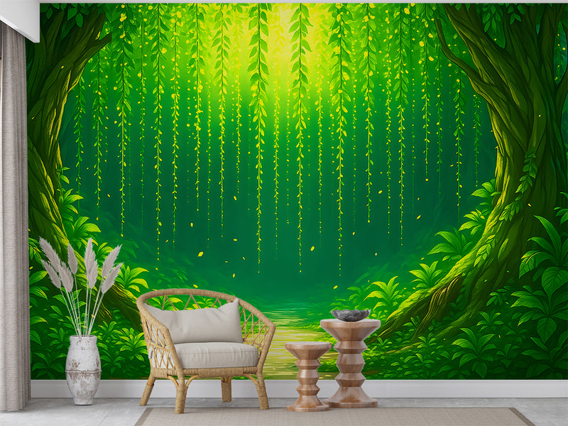 Nature Art For Kids Room Wallpaper Print For Nursery Self-Adhesive Wall Mural For Baby Room Full Wall Poster "Green Arch In The Forest"🌿