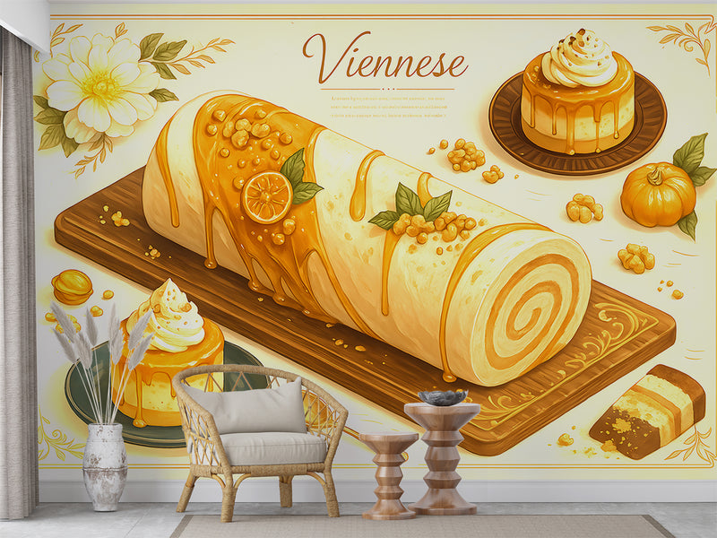 Wall mural for kitchen "Pumpkin Desserts" – full wall self-adhesive wallpaper, art design for cafes in French cuisine style 🍰