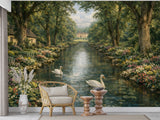 Peel and Stick Vintage Wallpaper Swans on the Lake  Wall Mural for Living Room