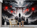 Traditional Wall Mural for a Gaming Zone – Chill Area Print Samurai Walking Toward the Temple