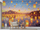 Peel and Stick Wall Mural Glowing Lanterns Over Water – Dreamy Nature Night Print for Kids Room