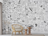 Graphic wallpaper Science theme Mathematical wallpaper Full wall peel and stick mural for kids’ room or living room Educational space print Gray background "Mathematical Formulas" 🧮