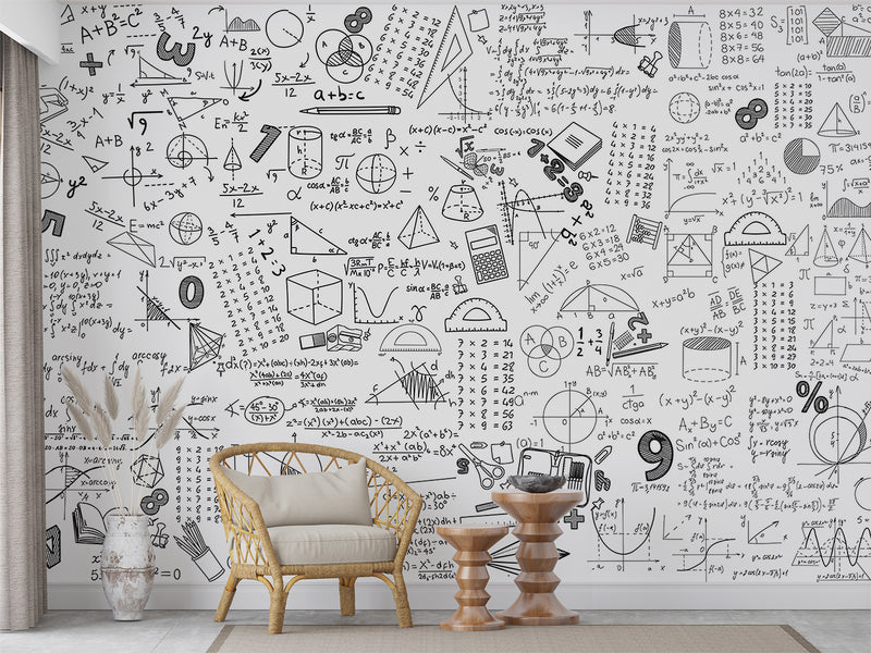Graphic wallpaper Science theme Mathematical wallpaper Full wall peel and stick mural for kids’ room or living room Educational space print Gray background "Mathematical Formulas" 🧮