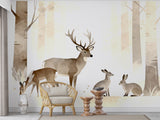 Forest Animals Non-Woven Wallpaper for Kids’ Room Calm Tones for Playroom Deer and Rabbit Wall Print  Forest Design Art Wall Mural